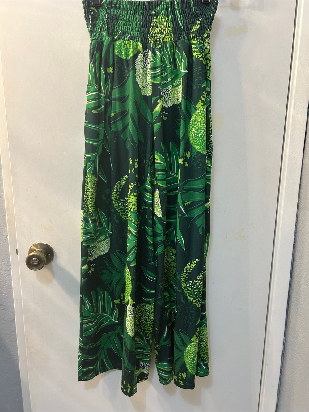 HOMEGROWN Smocked Waist Tropical Green Ulu Pattern Pants, Sz XS